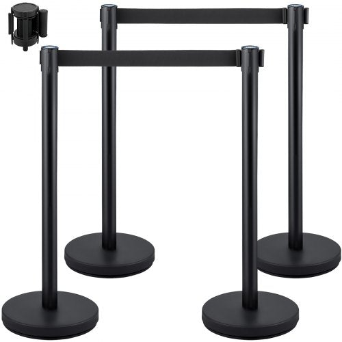 Crowd Control Stanchion, Set of 4 Pieces Stanchion Set, Stanchion Set with 6.6 ft/2 m Black Retractable Belt, Black Crowd Control Barrier with Concrete and Metal Base ¨C Easy Connect Assembly
