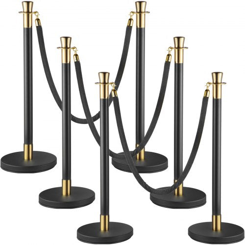 Crowd Control Stanchion, Set of 6 Pieces Stanchion Set, Stanchion Set with 5 ft/1.5 m Black Velvet Rope, Black Crowd Control Barrier with Sturdy Concrete and Metal Base ¨C Easy Connect Assembly