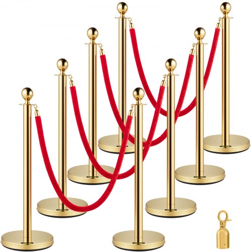 Crowd Control Stanchion, Set of 8 Pieces Stanchion Set, Stanchion Set with 5 ft/1.5 m Red Velvet Rope, Gold Crowd Control Barrier with Sturdy Concrete and Metal Base ¨C Easy Connect Assembly