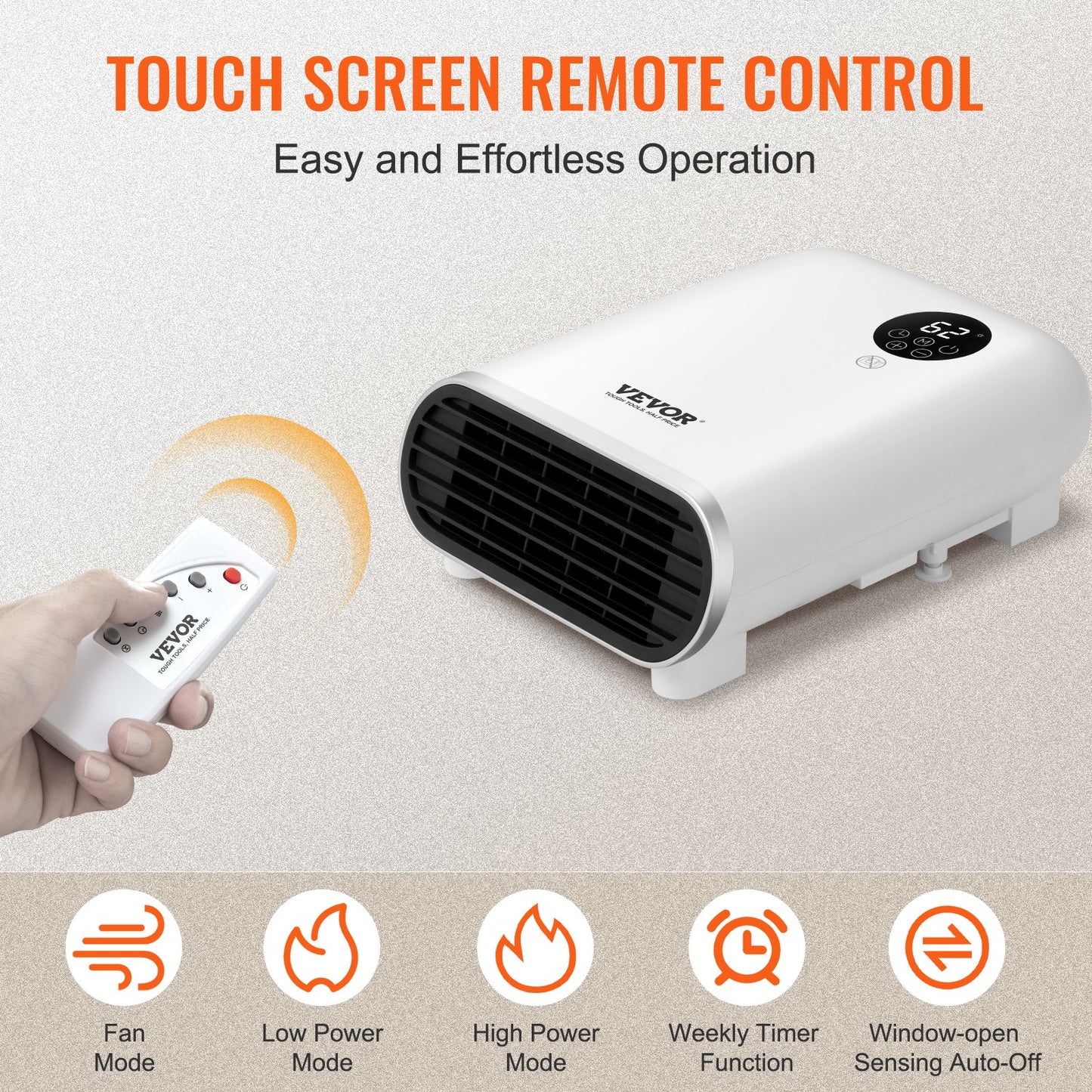 VEVOR Electric Wall Heater 1500W, Small Space Heaters with Touch Screen & Wireless Remote Control, Tip-Over & Overheat & IPX24 Waterproof Safety Protection, Wall-Mount/Tabletop for Indoor Use, White