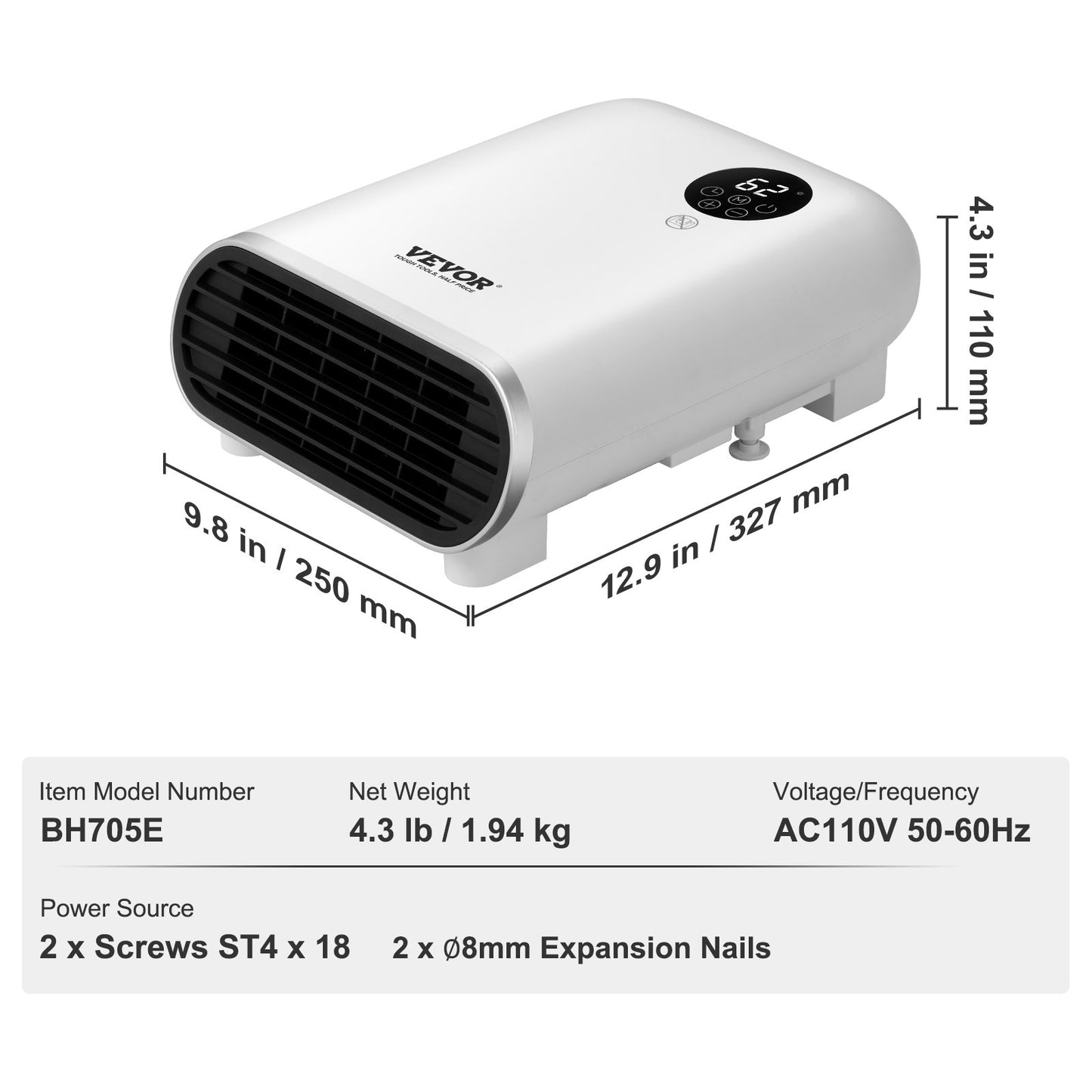 VEVOR Electric Wall Heater 1500W, Small Space Heaters with Touch Screen & Wireless Remote Control, Tip-Over & Overheat & IPX24 Waterproof Safety Protection, Wall-Mount/Tabletop for Indoor Use, White