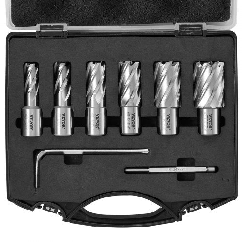 Annular Cutter Set, 6 pcs Weldon Shank Mag Drill Bits, 1/2' to 1-1/16' Cutting Diameter, 1' Cutting Depth, M2AL High-Speed Steel, with Pilot Pin and Portable Case, for Using with Magnetic Drills