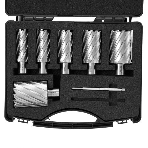 Annular Cutter Set, 6 pcs Weldon Shank Mag Drill Bits, 1' to 2' Cutting Diameter, 2' Cutting Depth, M2AL High-Speed Steel, with 2 Pilot Pins and Portable Case, for Using with Magnetic Drills