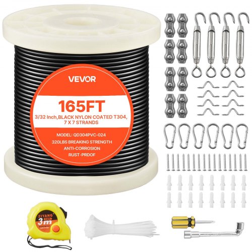 3/32 Inch Wire Rope Kit, 165 ft Length, 304 Stainless Steel Wire Cable, 450 lbs Breaking Strength, 7 x 7 Strands Construction, Steel Cable for Deck Railing System, Garden Trellis, String Lights