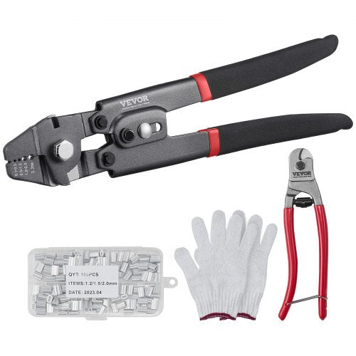 Wire Rope Crimping Tool and Cutter Up To 2.2mm Wire Cable Crimps, 1/64' - 3/32' Crimping Loop Sleeve Kit and 160pcs Aluminum Buckles, Fishing Crimping Tool Wire Rope Thimbles Kit
