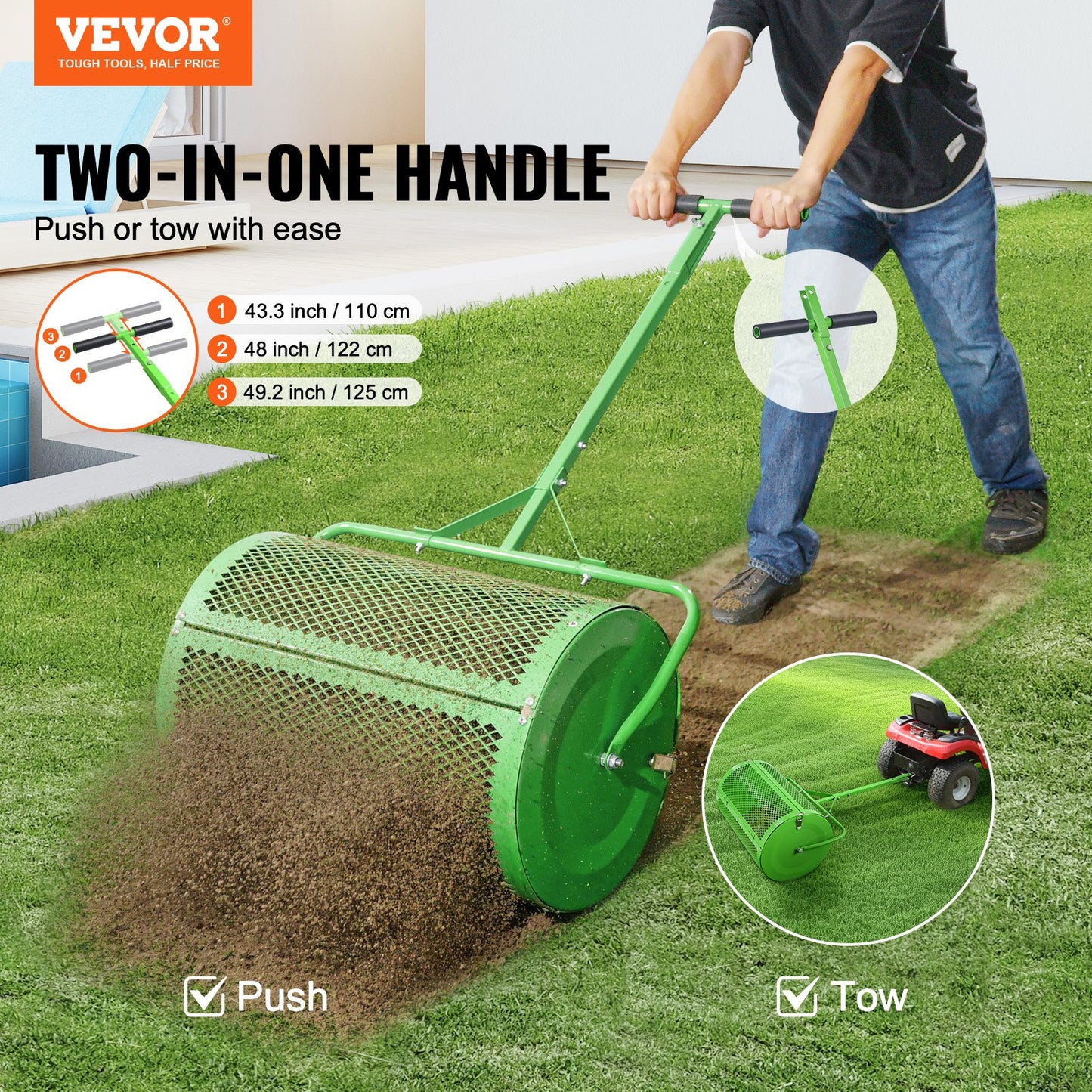 VEVOR 24 Compost Spreader Peat Moss Spreader Push/Tow-Behind Lawn Roller Green