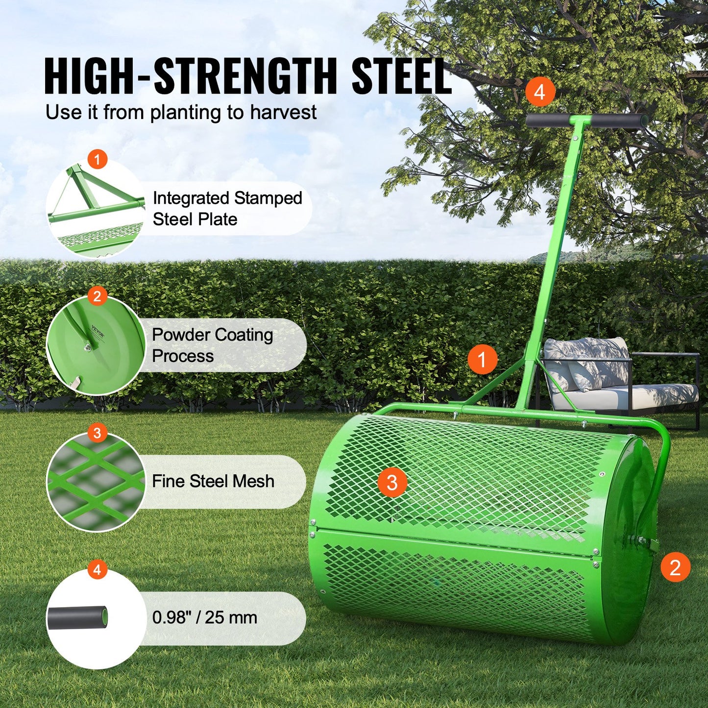 VEVOR 24 Compost Spreader Peat Moss Spreader Push/Tow-Behind Lawn Roller Green