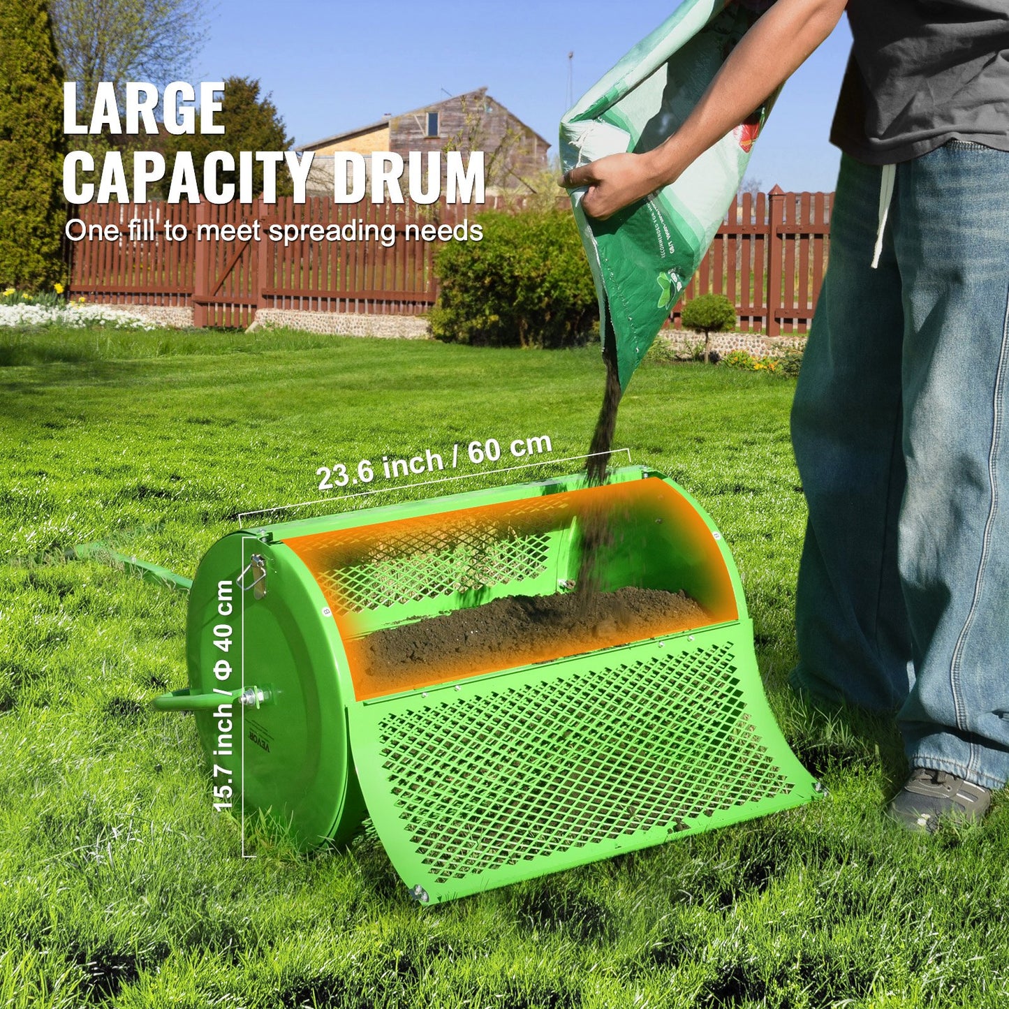 VEVOR 24 Compost Spreader Peat Moss Spreader Push/Tow-Behind Lawn Roller Green