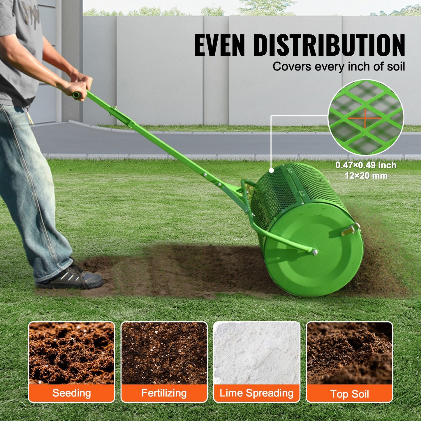 VEVOR 24 Compost Spreader Peat Moss Spreader Push/Tow-Behind Lawn Roller Green