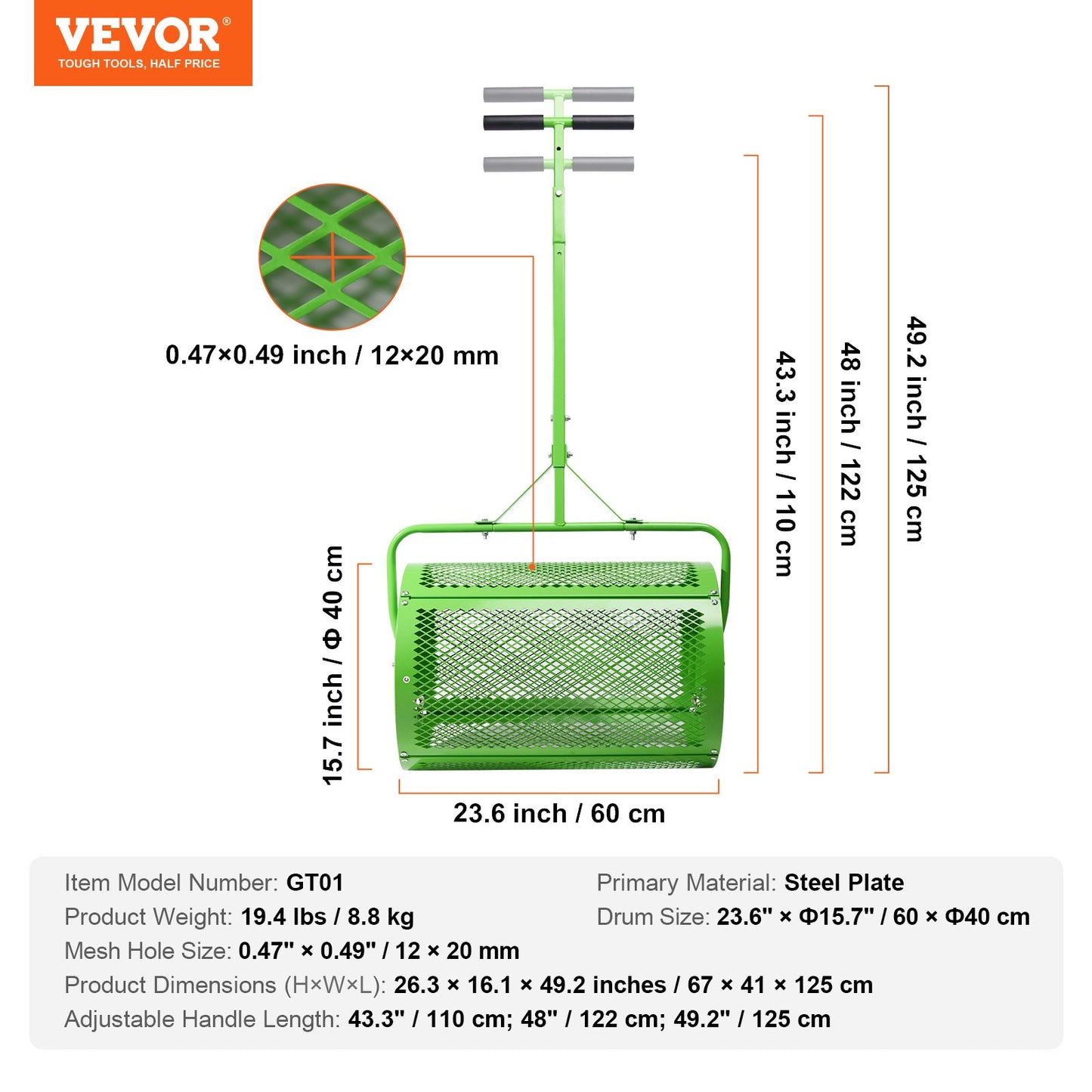 VEVOR 24 Compost Spreader Peat Moss Spreader Push/Tow-Behind Lawn Roller Green