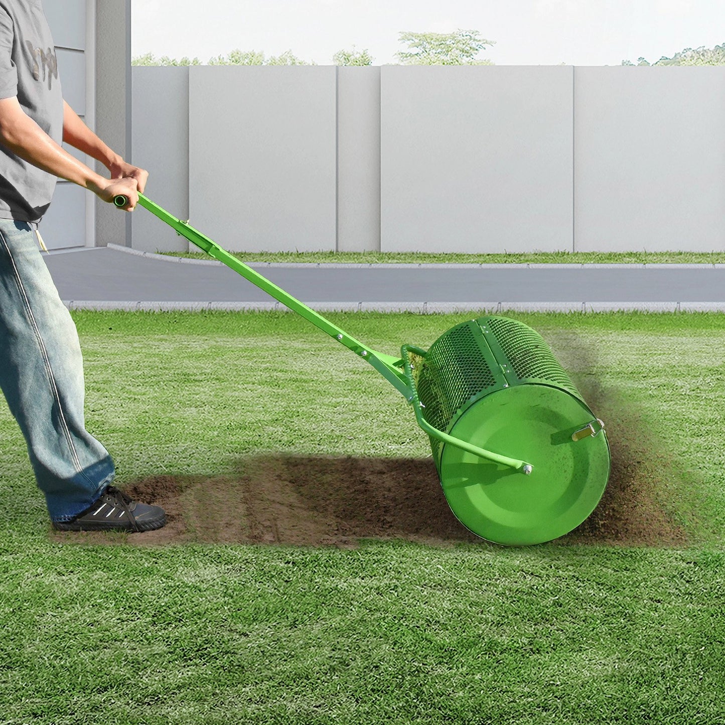 VEVOR 24 Compost Spreader Peat Moss Spreader Push/Tow-Behind Lawn Roller Green