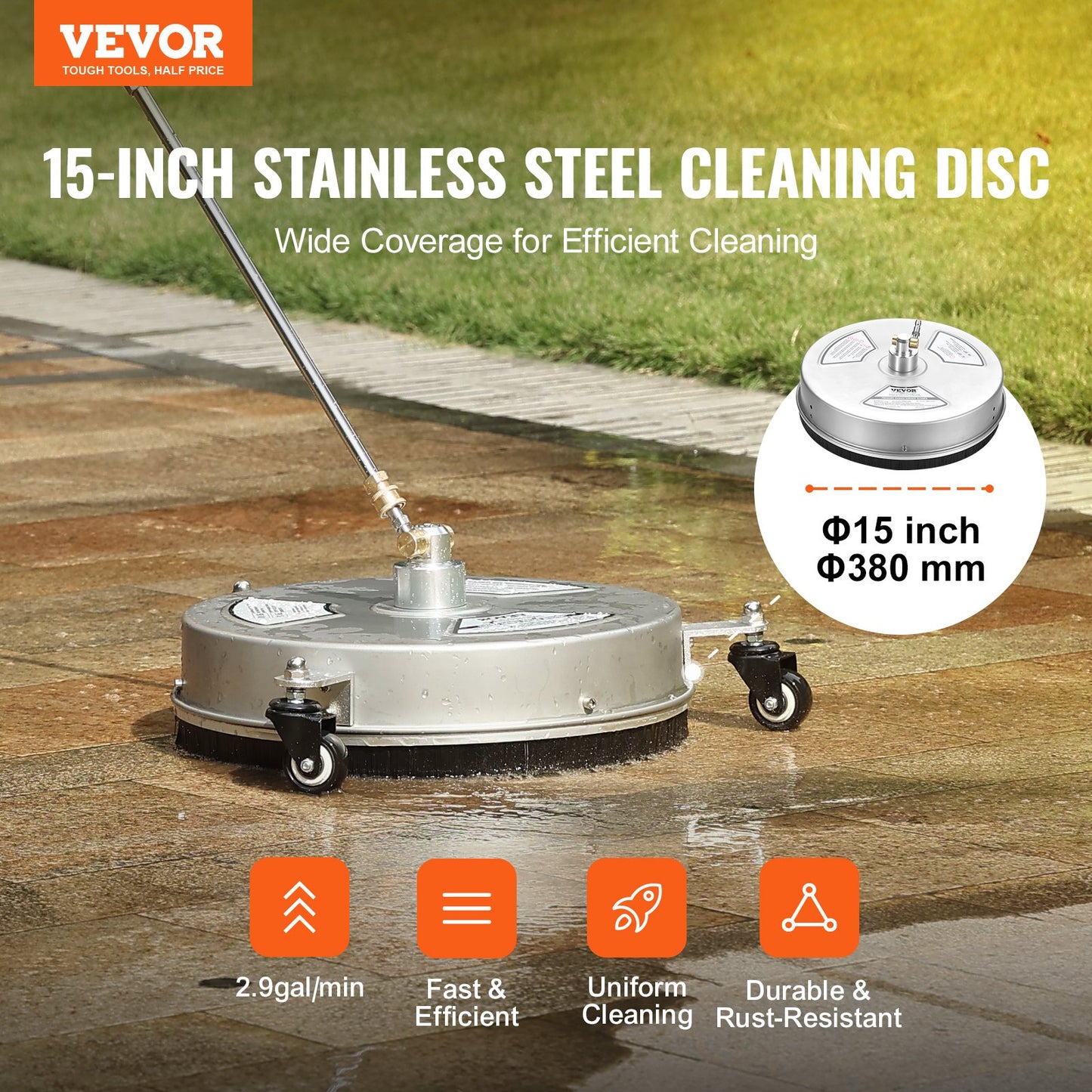 VEVOR 15 Pressure Washer Surface Cleaner w/ Wheels, Stainless Steel Concrete Cleaner 4000 Max PSI , 1/4 Quick-Connect Connector w/ 2 Extension Wand, Heavy Duty Power Washer For Floor Driveway, Patio