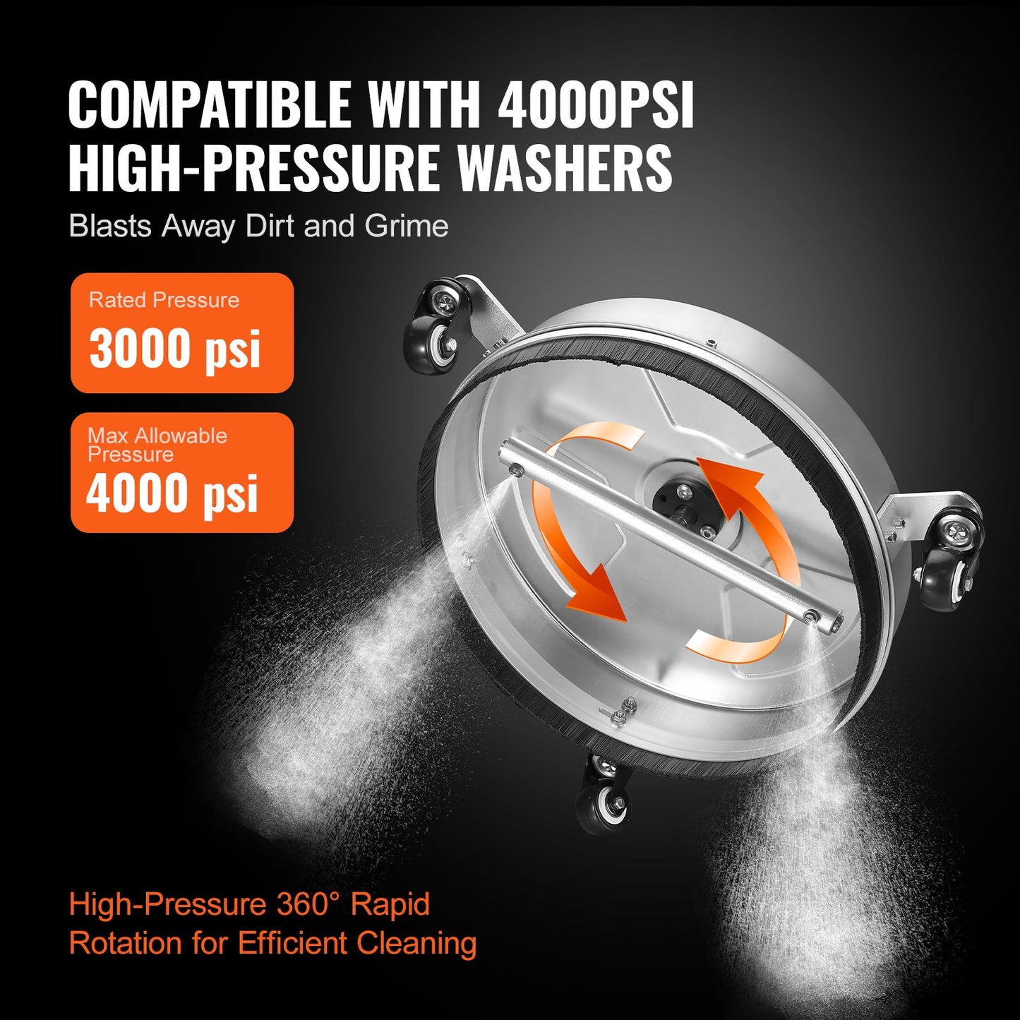 VEVOR 15 Pressure Washer Surface Cleaner w/ Wheels, Stainless Steel Concrete Cleaner 4000 Max PSI , 1/4 Quick-Connect Connector w/ 2 Extension Wand, Heavy Duty Power Washer For Floor Driveway, Patio