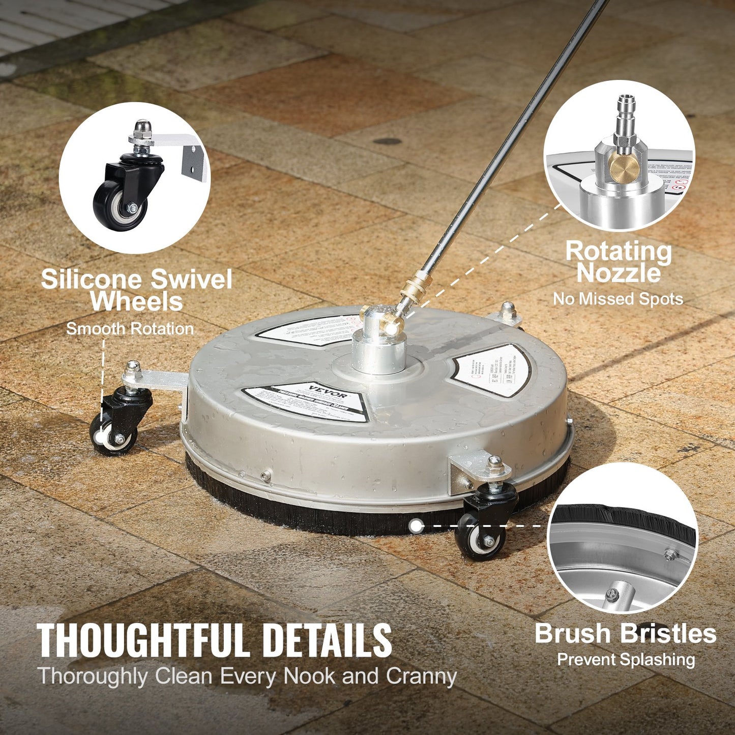 VEVOR 15 Pressure Washer Surface Cleaner w/ Wheels, Stainless Steel Concrete Cleaner 4000 Max PSI , 1/4 Quick-Connect Connector w/ 2 Extension Wand, Heavy Duty Power Washer For Floor Driveway, Patio