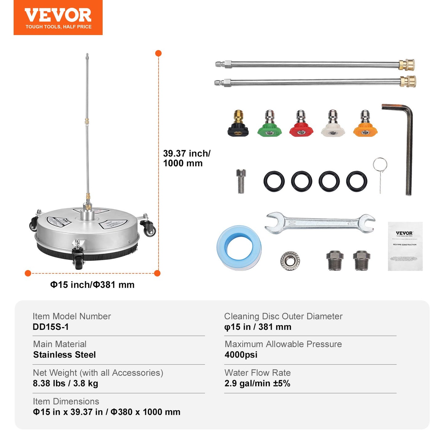 VEVOR 15 Pressure Washer Surface Cleaner w/ Wheels, Stainless Steel Concrete Cleaner 4000 Max PSI , 1/4 Quick-Connect Connector w/ 2 Extension Wand, Heavy Duty Power Washer For Floor Driveway, Patio