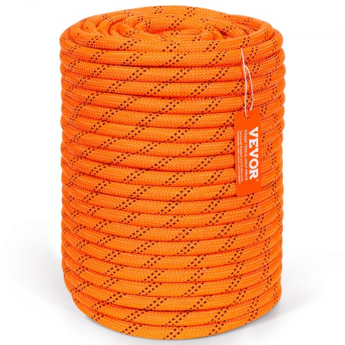 Dual-Weave Polyester Cord, 1/2 inch x 220 feet, 48-Strand, 8000 LBS Tensile Strength, Multi-Use Outdoor Rope for Camping, Swinging, Rappelling, and Rescue, Orange/Black