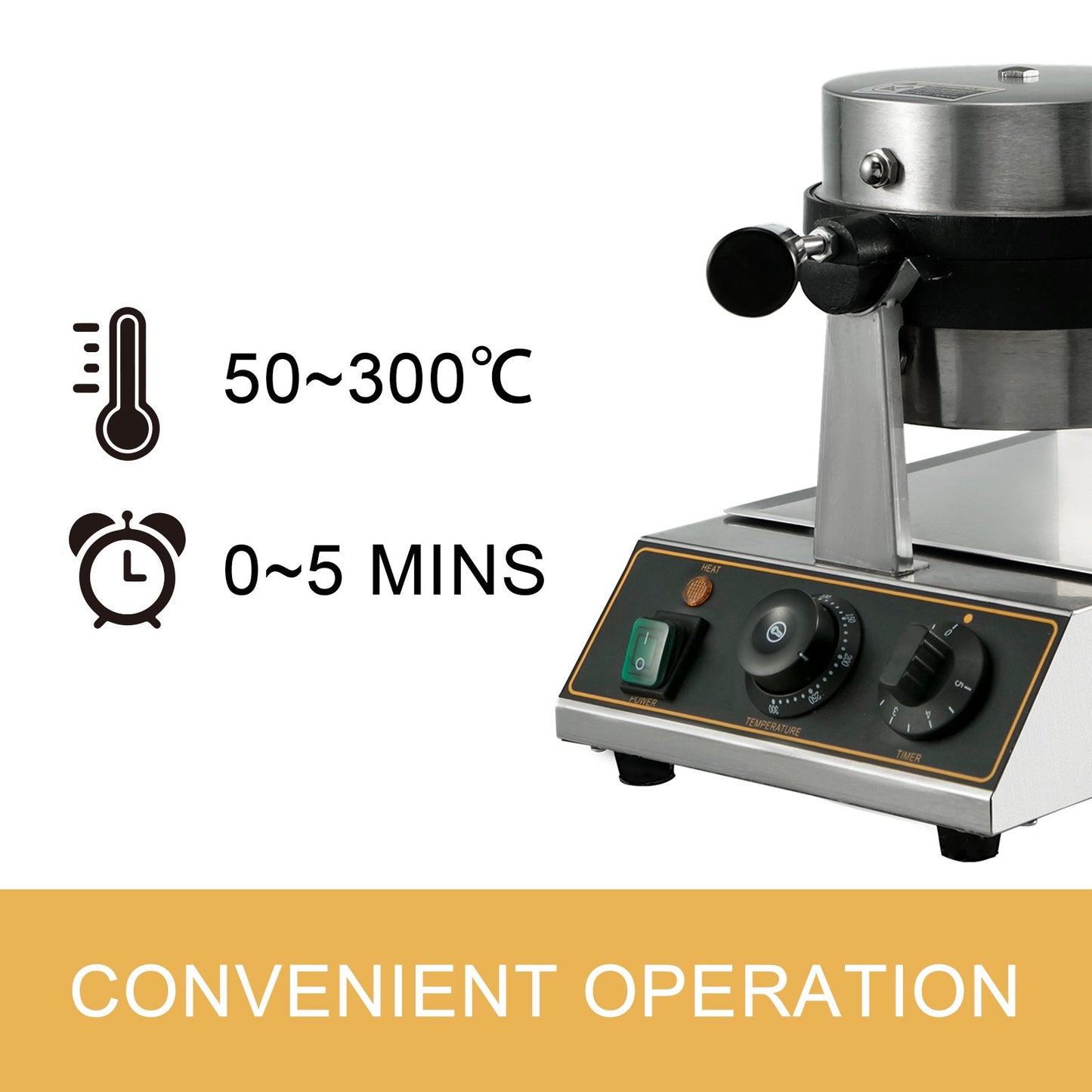 VEVOR 110V Commercial Round Waffle Maker Nonstick Rotated 1100W Electric Waffle Machine Stainless Steel Temperature and Time Control Suitable for Bakeries Snack Bar Family