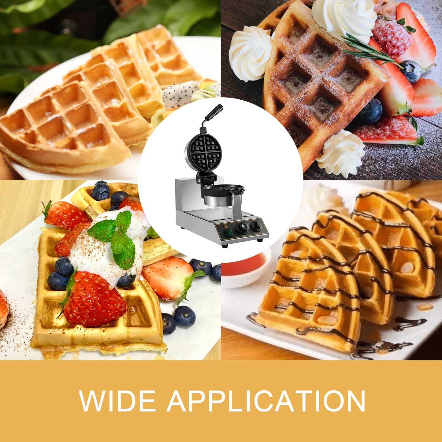 VEVOR 110V Commercial Round Waffle Maker Nonstick Rotated 1100W Electric Waffle Machine Stainless Steel Temperature and Time Control Suitable for Bakeries Snack Bar Family