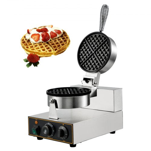 VEVOR Commercial Round Waffle Maker Nonstick 1100W Stainless Steel 110V Temperature and Time Control, Suitable for Restaurant Bakeries Snack Bar Family, Non-rotated