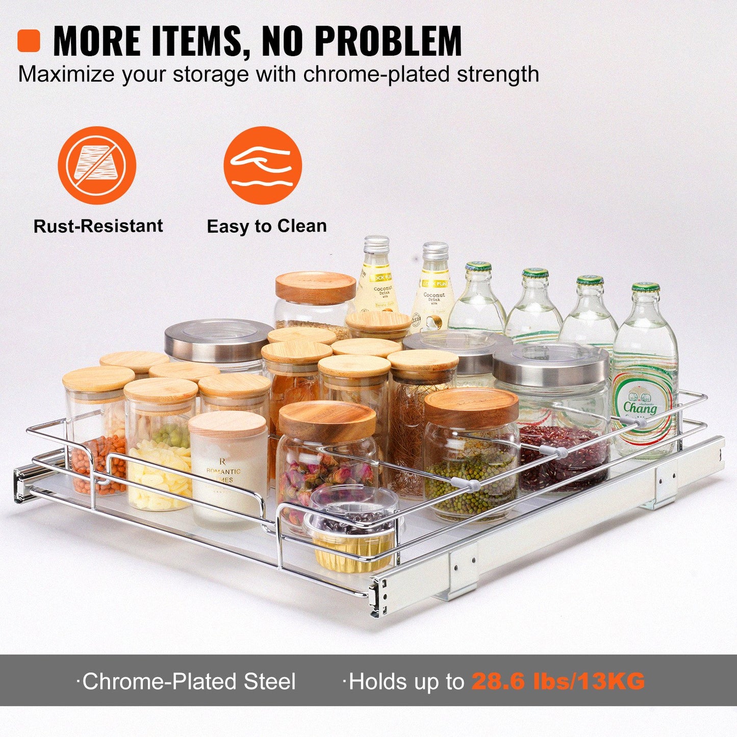 VEVOR 20W x 21D Pull Out Cabinet Organizer, Heavy Duty Slide Out Pantry Shelves, Chrome-Plated Steel Roll Out Drawers, Sliding Drawer Storage for Home, Inside Kitchen Cabinet, Bathroom, Under Sink