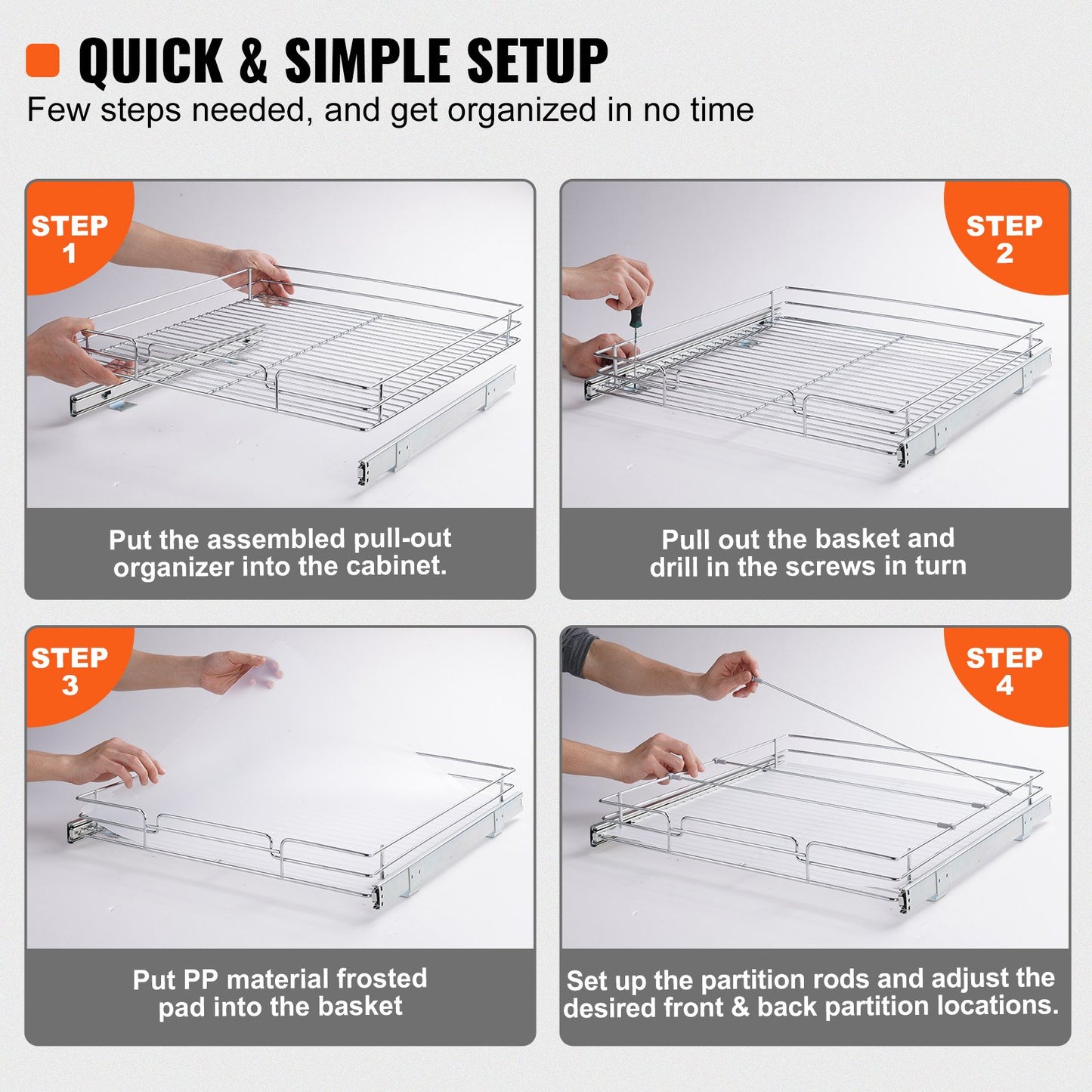 VEVOR 20W x 21D Pull Out Cabinet Organizer, Heavy Duty Slide Out Pantry Shelves, Chrome-Plated Steel Roll Out Drawers, Sliding Drawer Storage for Home, Inside Kitchen Cabinet, Bathroom, Under Sink