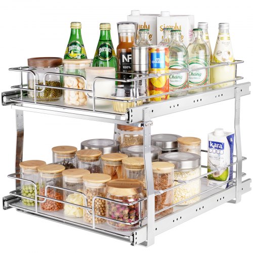 2 Tier 17'Wx21'Dx15'H Pull Out Cabinet Organizer, Heavy Duty Slide Out Pantry Shelves, Steel Roll Out Drawers, Sliding Drawer Storage for Home, 18.5'Wx22'Dx18'H Install Size for Cabinet