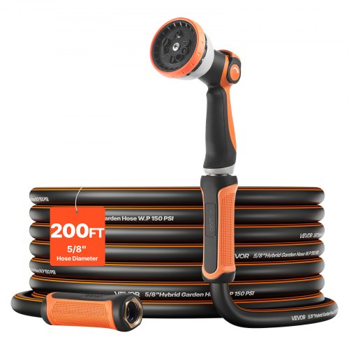 Garden Hose, 200 ft 5/8' Heavy Duty Rubber Water Hose with 10 Mode Nozzle, 150PSI Working & 600PSI Burst, Flexible & Non-kink Outdoor Waterhose with 3/4' Fitting, Lightweight Hoses for Gardening