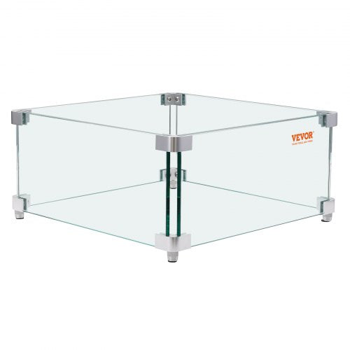 VEVOR Gas Fire Pit Wind Guard for Square Fire Table, 15 x 15 x 7 inch Clear Tempered Wind Guard for Firepits, 0.31 inch Thick Square Glass Shield, Glass Panel with Hard Corner Bracket & Feet