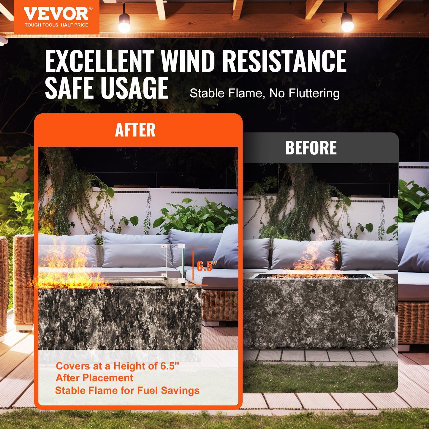 VEVOR Glass Wind Guard for Rectangular Fire Pit Table 31 x 12.5 x 6.5 Inch, 0.31 inch Thick and Sturdy Tempered Glass Panel with Hard Aluminum Corner Bracket & Rubber Feet, Easy to Assemble