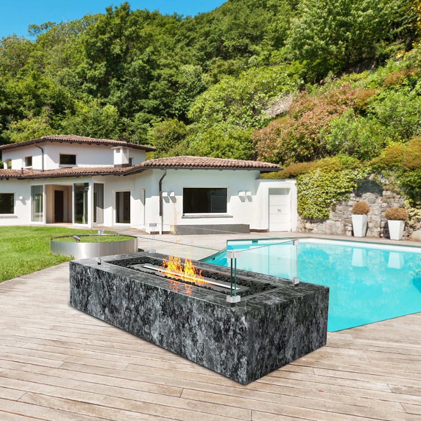 VEVOR Glass Wind Guard for Rectangular Fire Pit Table 31 x 12.5 x 6.5 Inch, 0.31 inch Thick and Sturdy Tempered Glass Panel with Hard Aluminum Corner Bracket & Rubber Feet, Easy to Assemble