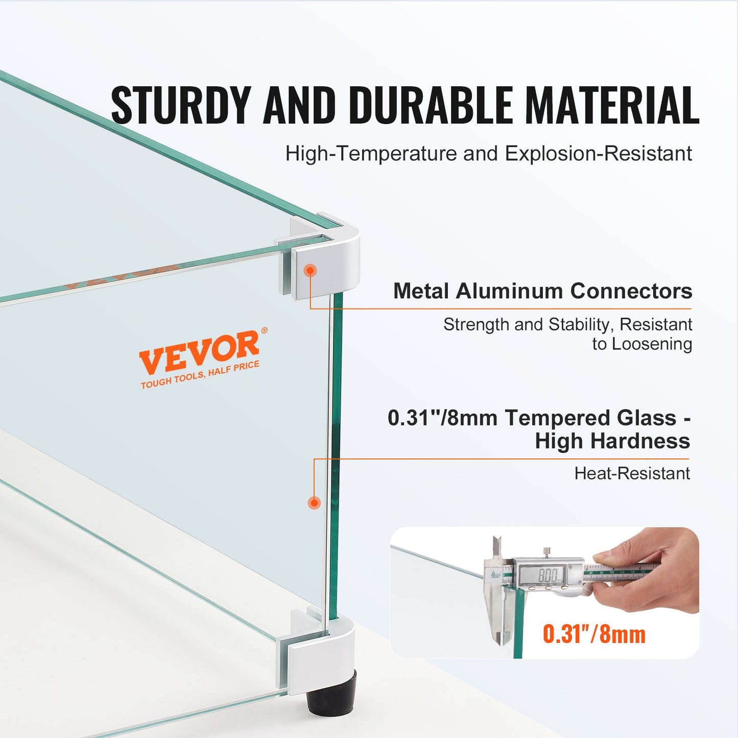 VEVOR Glass Wind Guard for Rectangular Fire Pit Table 29 x 13 x 6.5 Inch, 0.31 inch Thick and Sturdy Tempered Glass Panel with Hard Aluminum Corner Bracket & Rubber Feet, Easy to Assemble