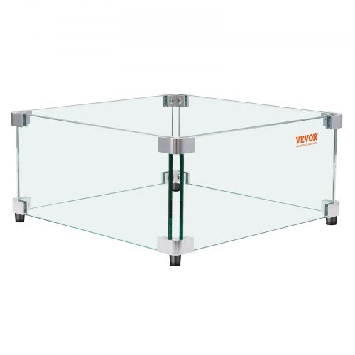 VEVOR Gas Fire Pit Wind Guard for Square Fire Table, 19 x 19 x 7.5 inch Clear Tempered Wind Guard for Firepits, 0.31 inch Thick Square Glass Shield, Glass Panel with Hard Corner Bracket & Feet