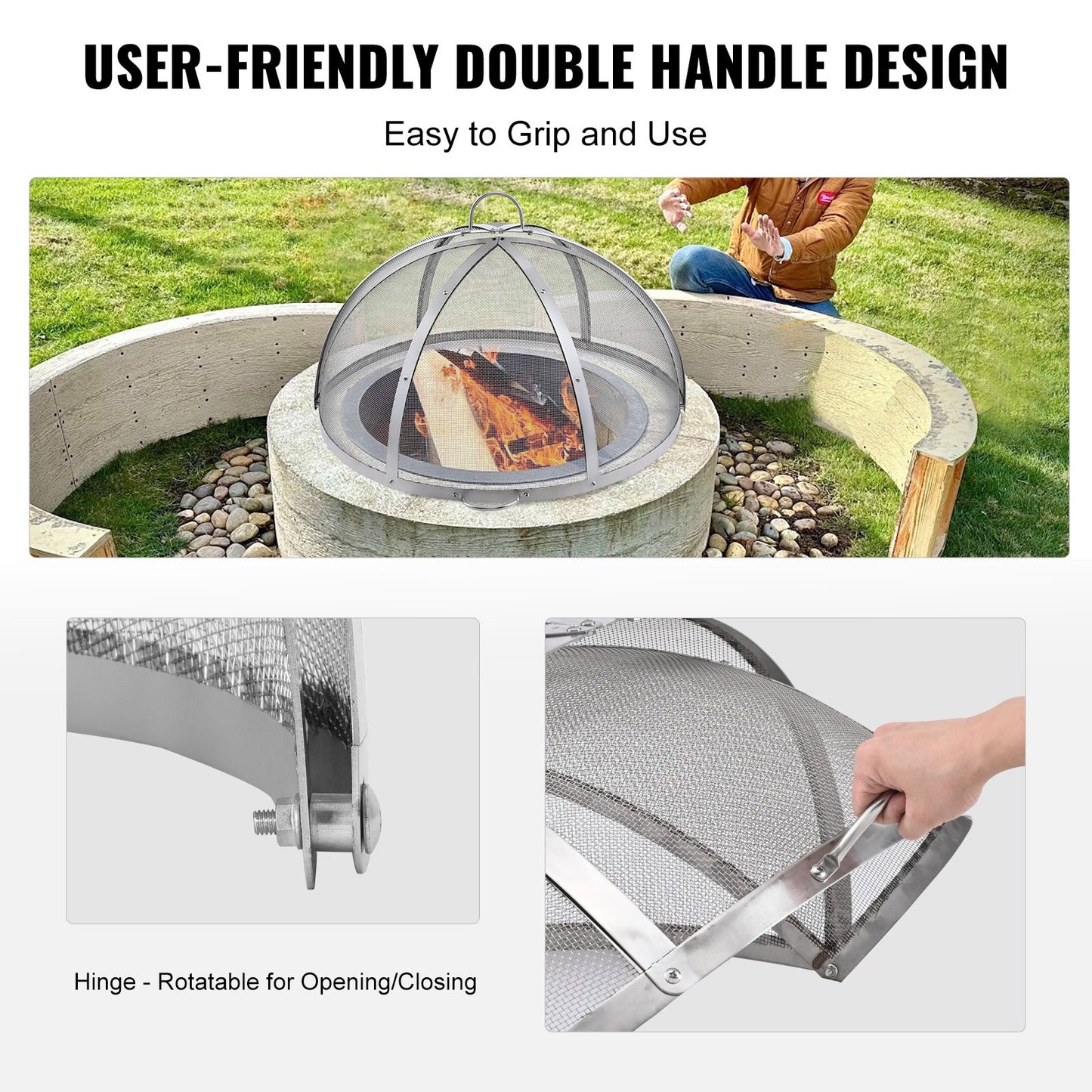 VEVOR Firepit Spark Screen Lid, 40 Diameter, Outdoor Firepit Ring Cover Round Accessories, Fire Pit Metal Cover, Easy-Opening Stainless Steel Fire Ring Covers for Outdoor Patio Fire Pits Backyard