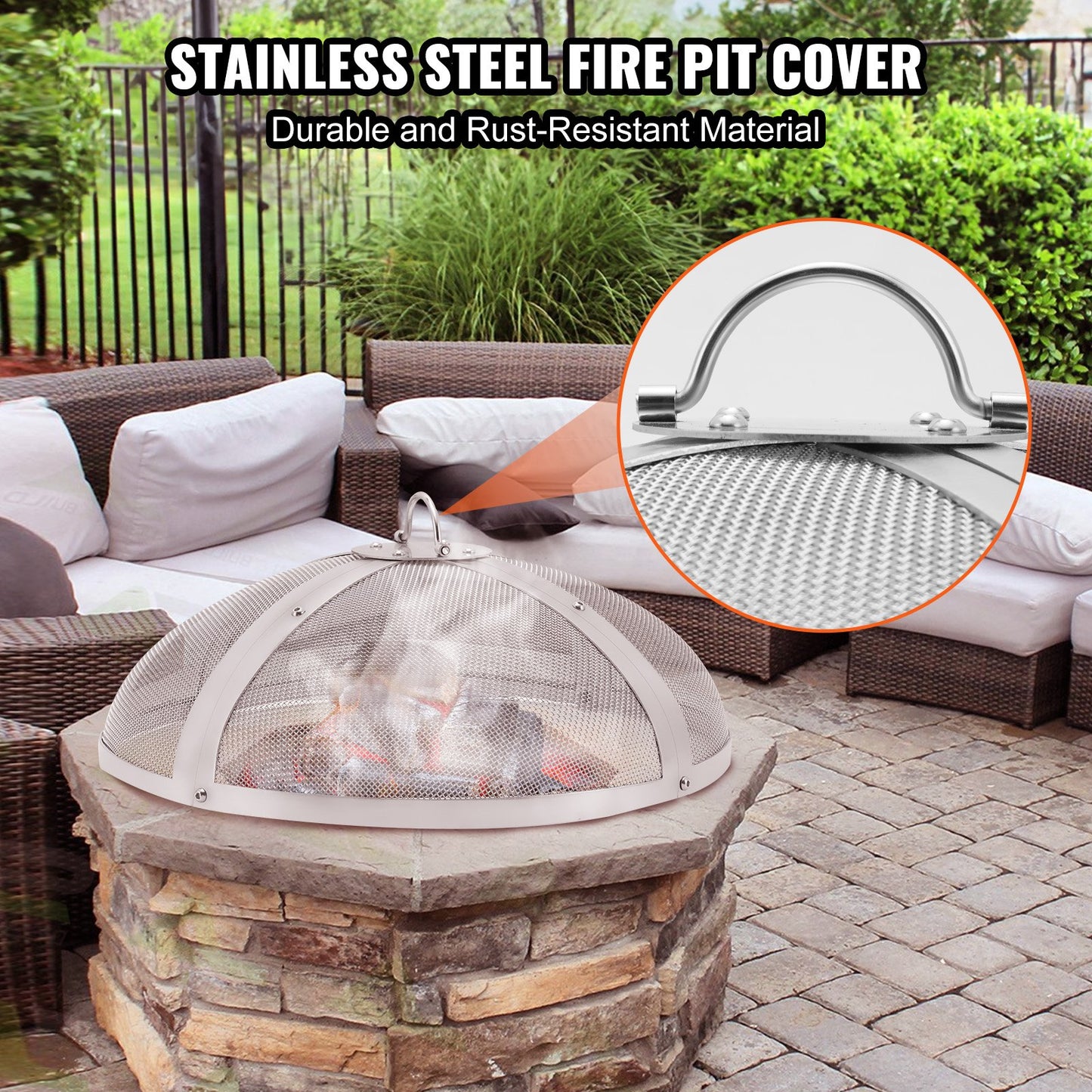 VEVOR Fire Pit Spark Screen Round 27, Reinforced Heavy Duty Steel Metal Cover, Outdoor Firepit Lid, Easy-Opening Top Screen Covers Round with Ring Handle for Outdoor Patio Fire Pits Backyard