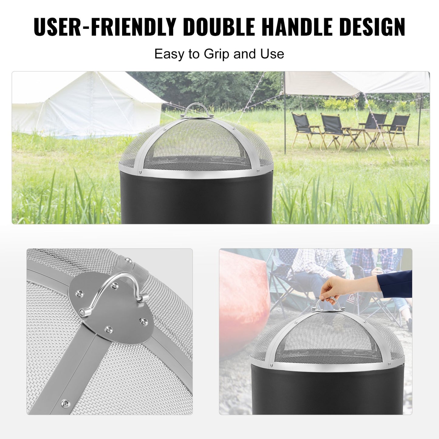 VEVOR Fire Pit Spark Screen Round 27, Reinforced Heavy Duty Steel Metal Cover, Outdoor Firepit Lid, Easy-Opening Top Screen Covers Round with Ring Handle for Outdoor Patio Fire Pits Backyard