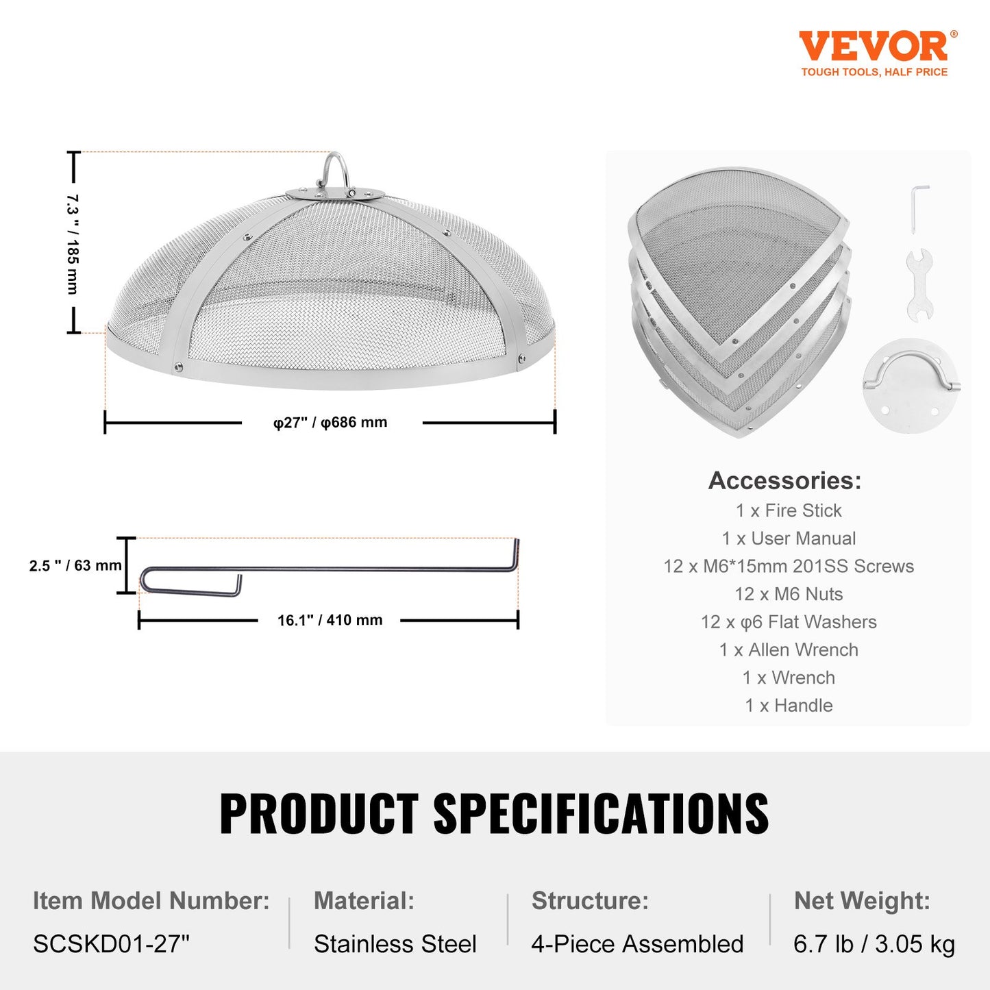 VEVOR Fire Pit Spark Screen Round 27, Reinforced Heavy Duty Steel Metal Cover, Outdoor Firepit Lid, Easy-Opening Top Screen Covers Round with Ring Handle for Outdoor Patio Fire Pits Backyard