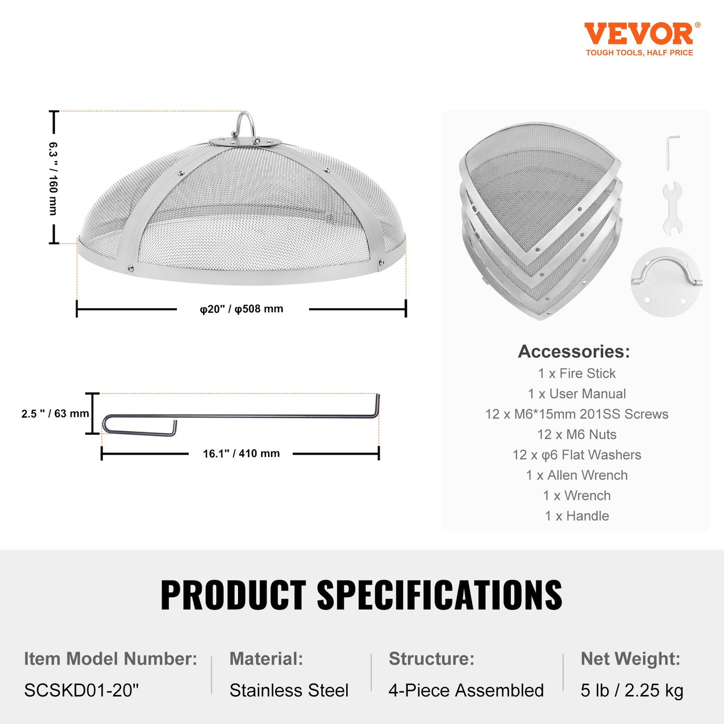 VEVOR Fire Pit Spark Screen Round 20, Reinforced Heavy Duty Steel Metal Cover, Outdoor Firepit Lid, Easy-Opening Top Screen Covers Round with Ring Handle for Outdoor Patio Fire Pits Backyard