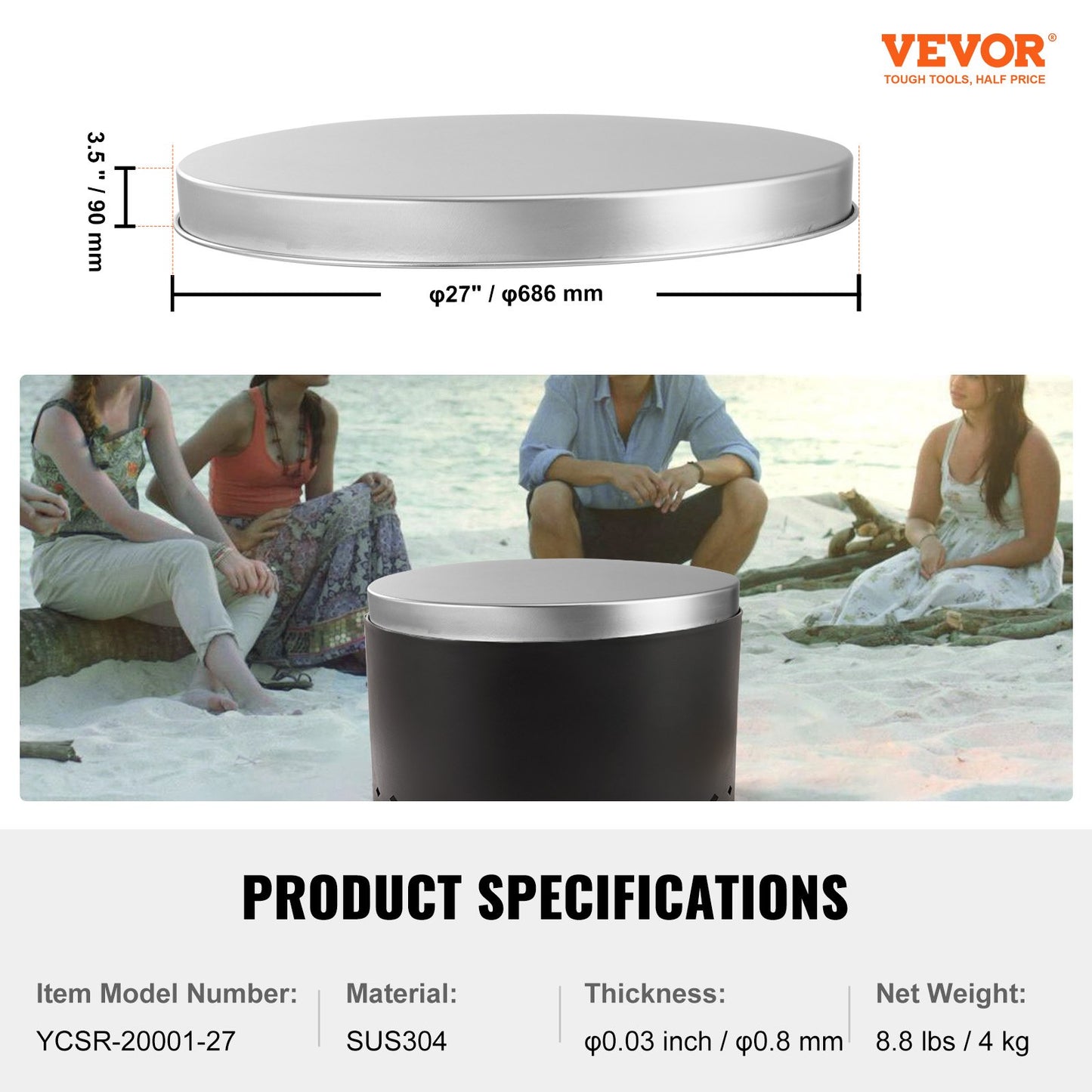 VEVOR Fire Pit Cover Lid, 27 Portable Firepit Spark Screen,Stainless Steel Steel Metal Cover, Easy-Opening Outdoor Wood Burning and Camping Stove Accessory, for Outdoor Patio Fire Pits Backyard