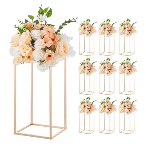 Wedding Flower Stand, 10PCS 15.75-inch Column Flower Stand, Floral Stands with Acrylic Laminate, Gold Rectangular Floral Display Rack for Wedding, Party, Birthday, Home,  Gold Centerpiece Stands