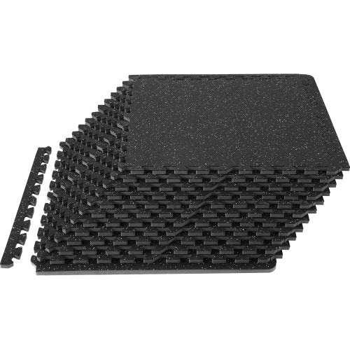 VEVOR 12 PCS 1/2 inch Thick Gym Floor Mats, 24 x 24 EVA Foam & Rubber Top Interlocking Workout Floor Mats with 48 sq.ft Coverage, Waterproof Exercise Puzzle Flooring for Gym, Home, Garage, Basement, Black & Grey