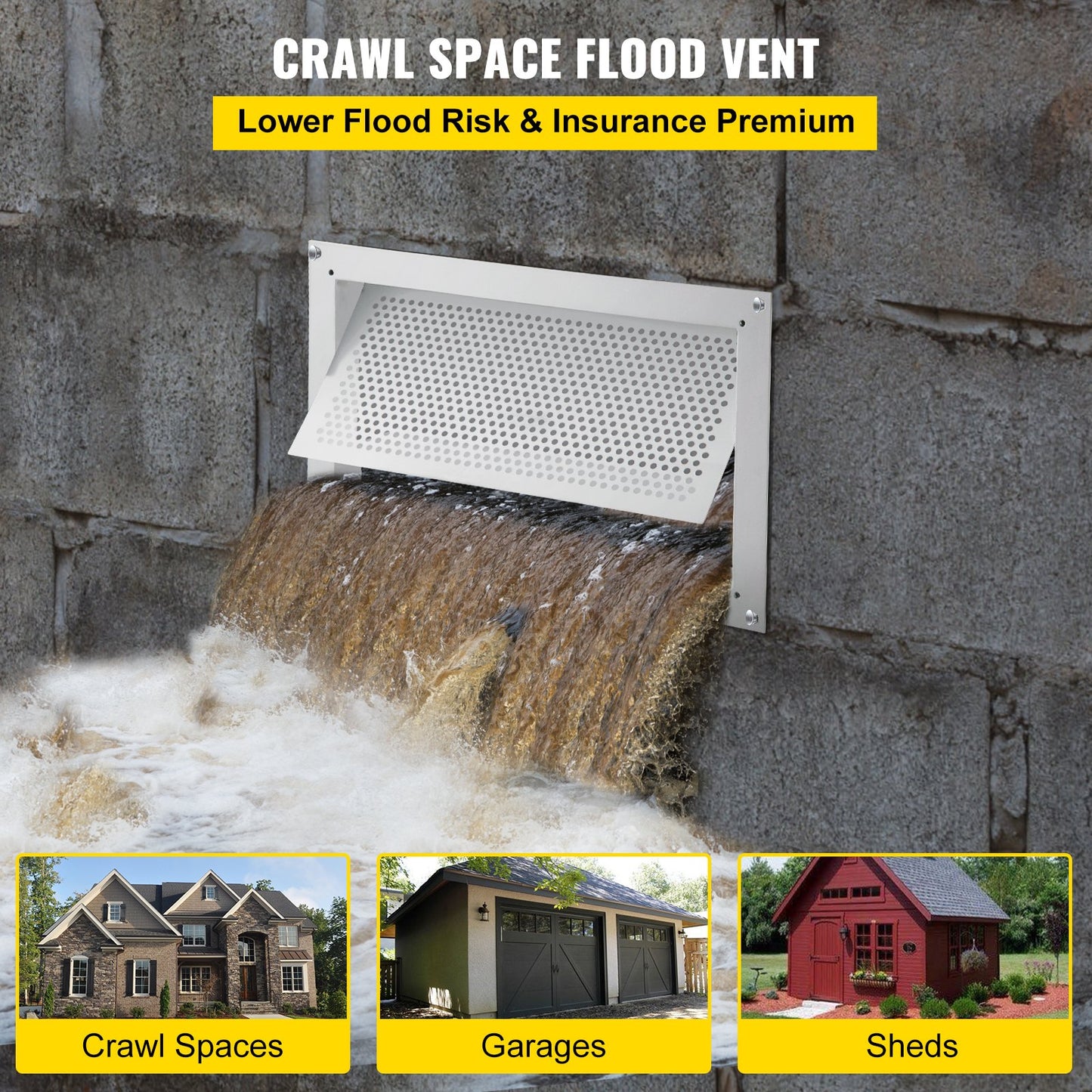 VEVOR Flood Vent, 8 Height x 16 Width x 2 Depth Foundation Flood Vent,to Reduce Foundation Damage and Flood Risk, White, Wall Mounted, for Crawl Spaces, Garages & Full Height Enclosures