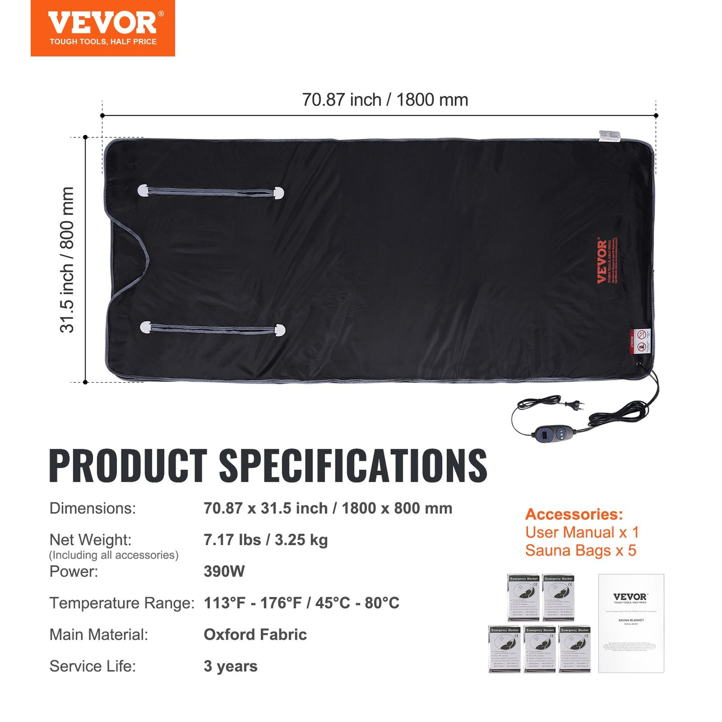 VEVOR Sauna Blanket for Detoxification, Portable Far Infrared Sauna for Home, Oxford Sauna Bag w/ Arm Holes & Carbon Fiber Heating, 1-6 Level Adjustable Temp 95-176¨H, 5-60 Minutes Timer, 71 x 31 in