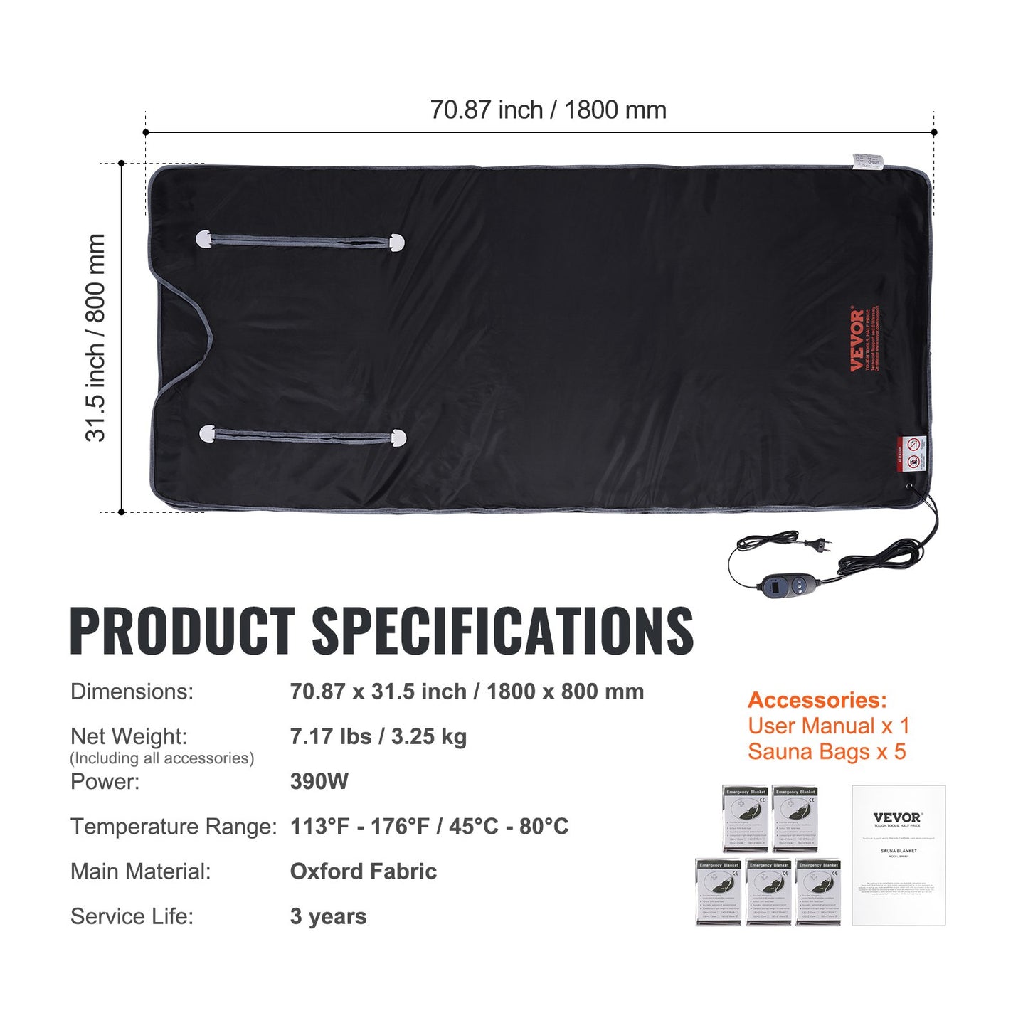 VEVOR Sauna Blanket for Detoxification, Portable Far Infrared Sauna for Home, Oxford Sauna Bag w/ Arm Holes & Carbon Fiber Heating, 1-6 Level Adjustable Temp 95-176¨H, 5-60 Minutes Timer, 71 x 31 in