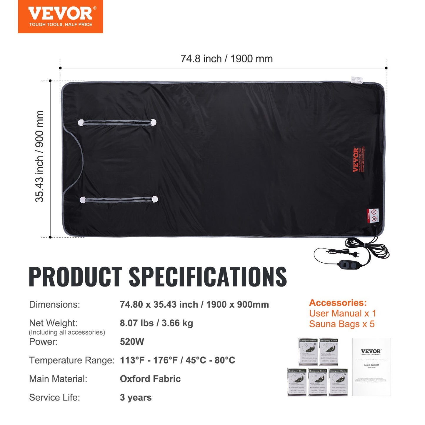 VEVOR Sauna Blanket for Detoxification, Portable Far Infrared Sauna for Home, Oxford Sauna Bag w/ Arm Holes & Carbon Fiber Heating, 1-6 Level Adjustable Temp 95-176¨H, 5-60 Minutes Timer, 75 x 35 in