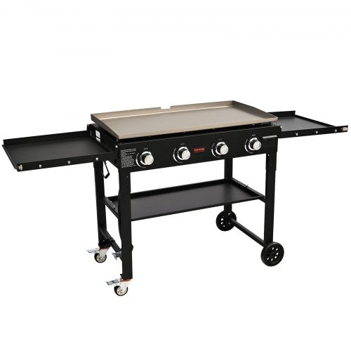 Commercial Griddle on Cart, 36' Heavy Duty Manual Flat Top Griddle, Outdoor Cooking Station with Side Shelves, Steel Propane Gas Griddle, 4-Burners Restaurant Portable Tested toStandards