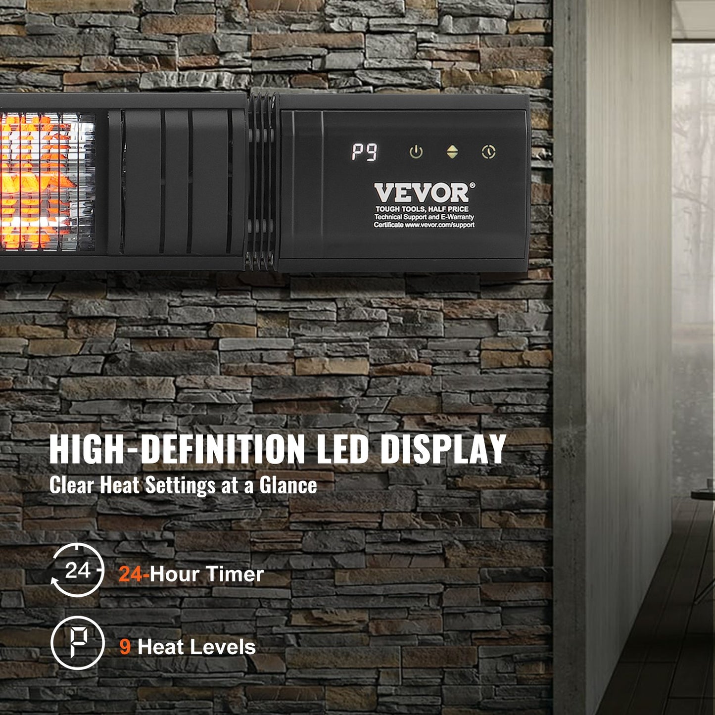 VEVOR Infrared Heater, 1500W Remote Control Electric Space Infrared Heater, Carbon Infrared Outdoor Heater with 9 Speeds & 24h Timer, for Porch,Patio,Dining Room,Studio,Backyard,Garage, Wall Mount