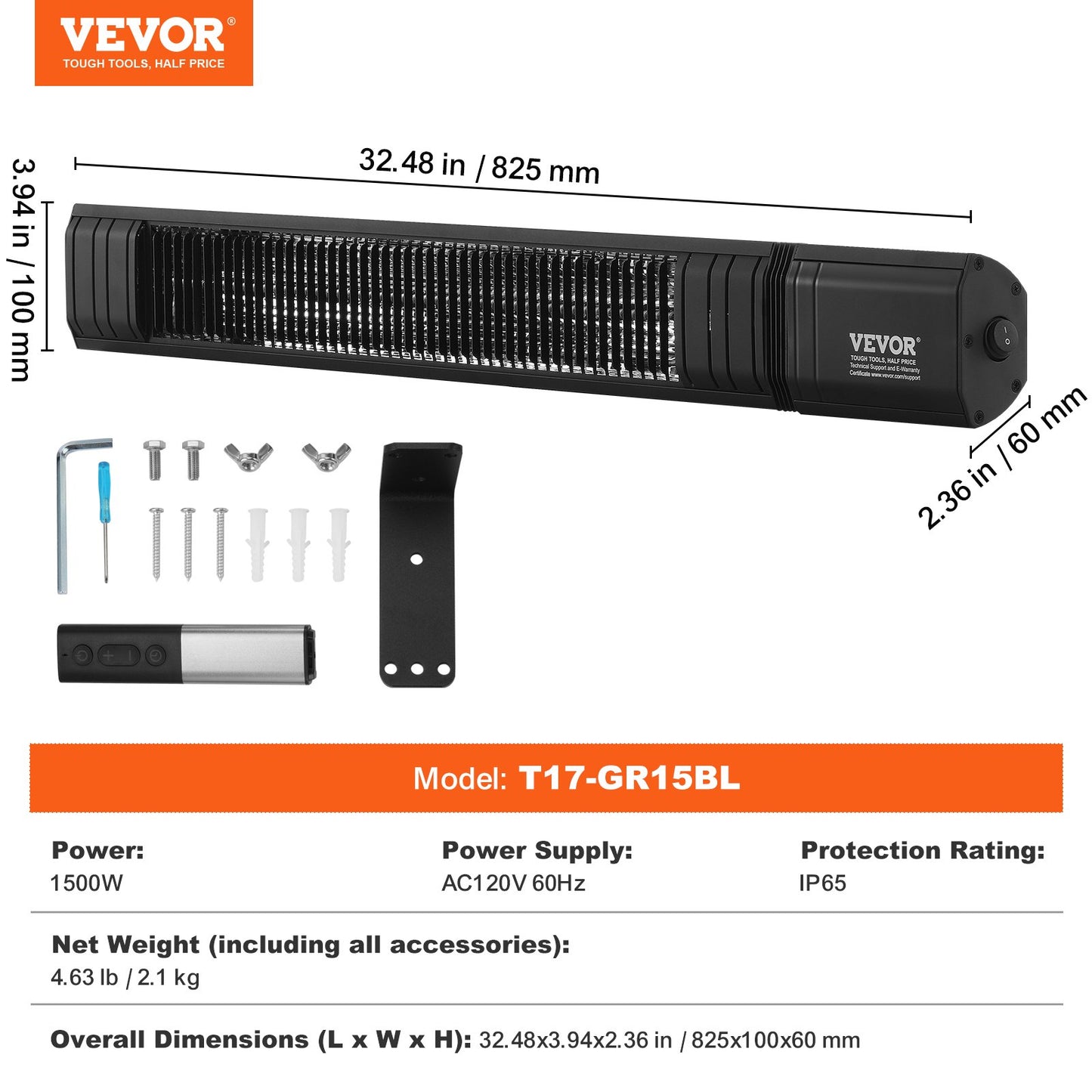 VEVOR Infrared Heater, 1500W Remote Control Electric Space Infrared Heater, Carbon Infrared Outdoor Heater with 9 Speeds & 24h Timer, for Porch,Patio,Dining Room,Studio,Backyard,Garage, Wall Mount