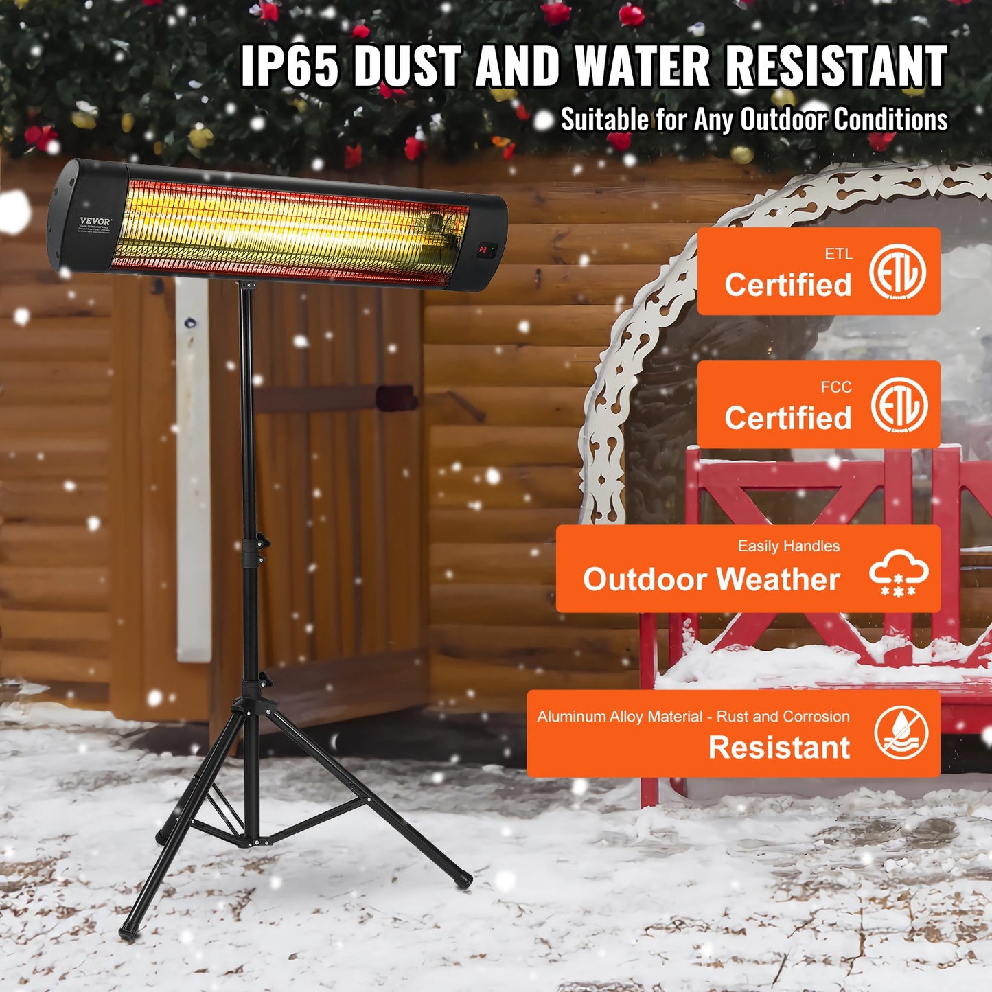 VEVOR Infrared Heater, 1500W Remote Control Electric Space Heater, LED Screen Patio Heater w/ 3 Speeds & Timer, Outdoor/Outdoor for Porch,Dining Room,Studio, with Stand & Mount to Ceiling/Wall,24 in L