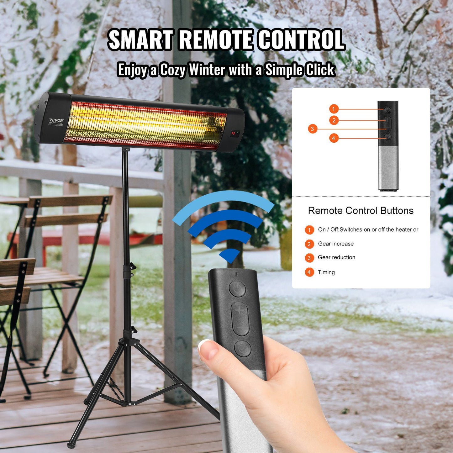 VEVOR Infrared Heater, 1500W Remote Control Electric Space Heater, LED Screen Patio Heater w/ 3 Speeds & Timer, Outdoor/Outdoor for Porch,Dining Room,Studio, with Stand & Mount to Ceiling/Wall,24 in L