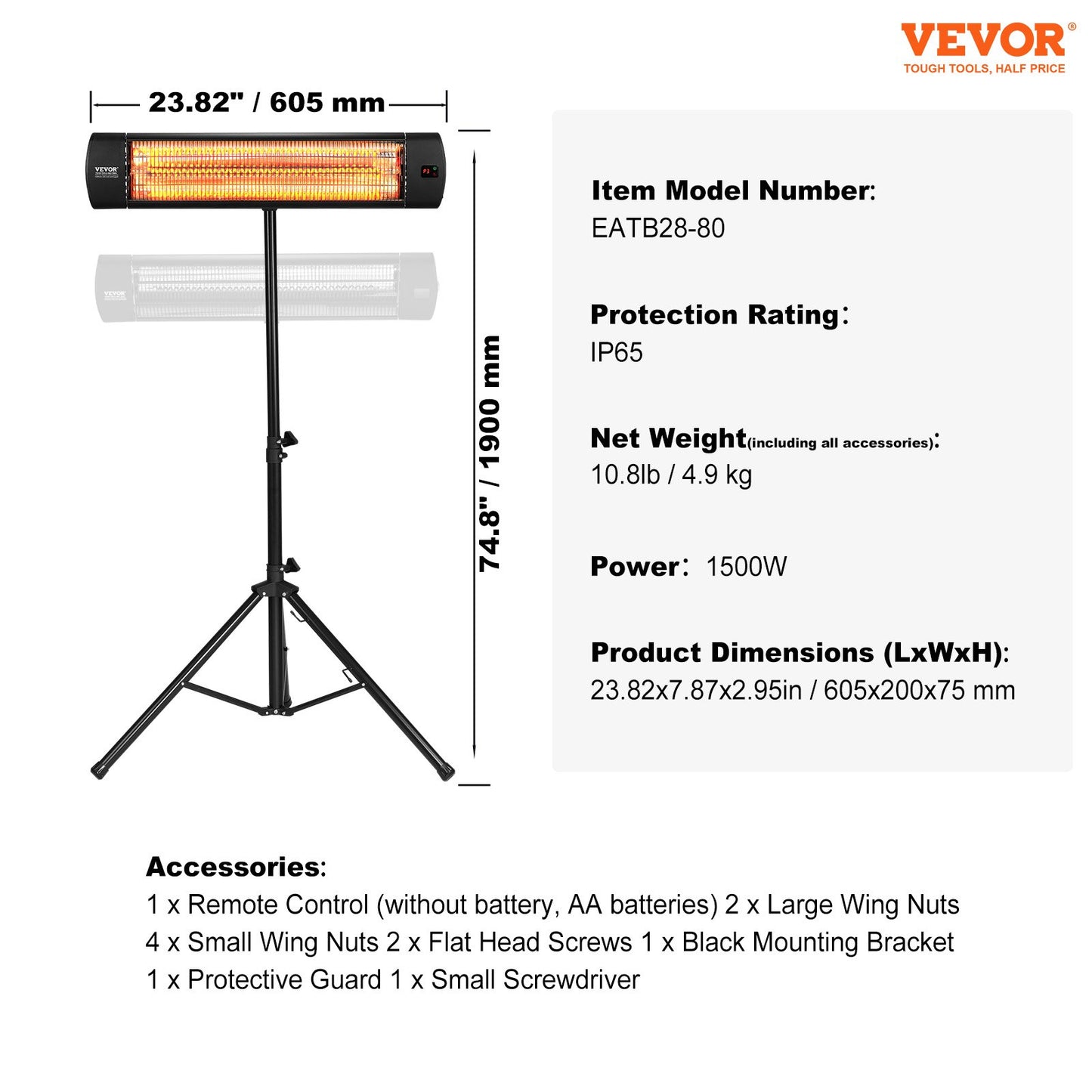 VEVOR Infrared Heater, 1500W Remote Control Electric Space Heater, LED Screen Patio Heater w/ 3 Speeds & Timer, Outdoor/Outdoor for Porch,Dining Room,Studio, with Stand & Mount to Ceiling/Wall,24 in L